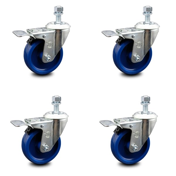 4 Inch Solid Polyurethane Swivel 10mm Stem Caster Set with Total Lock Brake
